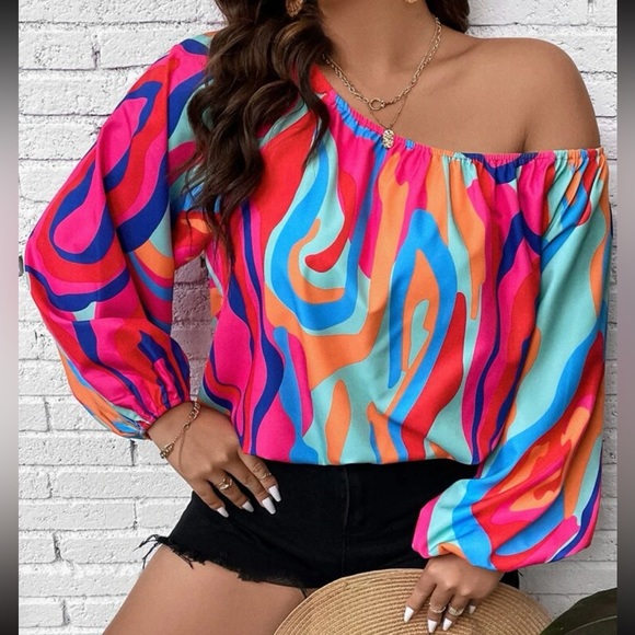 Boho geo print one shoulder blouse - Picture 9 of 9